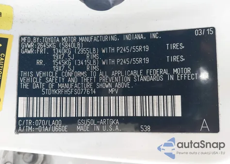 2015 Toyota Highlander Limited V6 из США, поврежденный, VIN 5TDYKRFH5FS077614